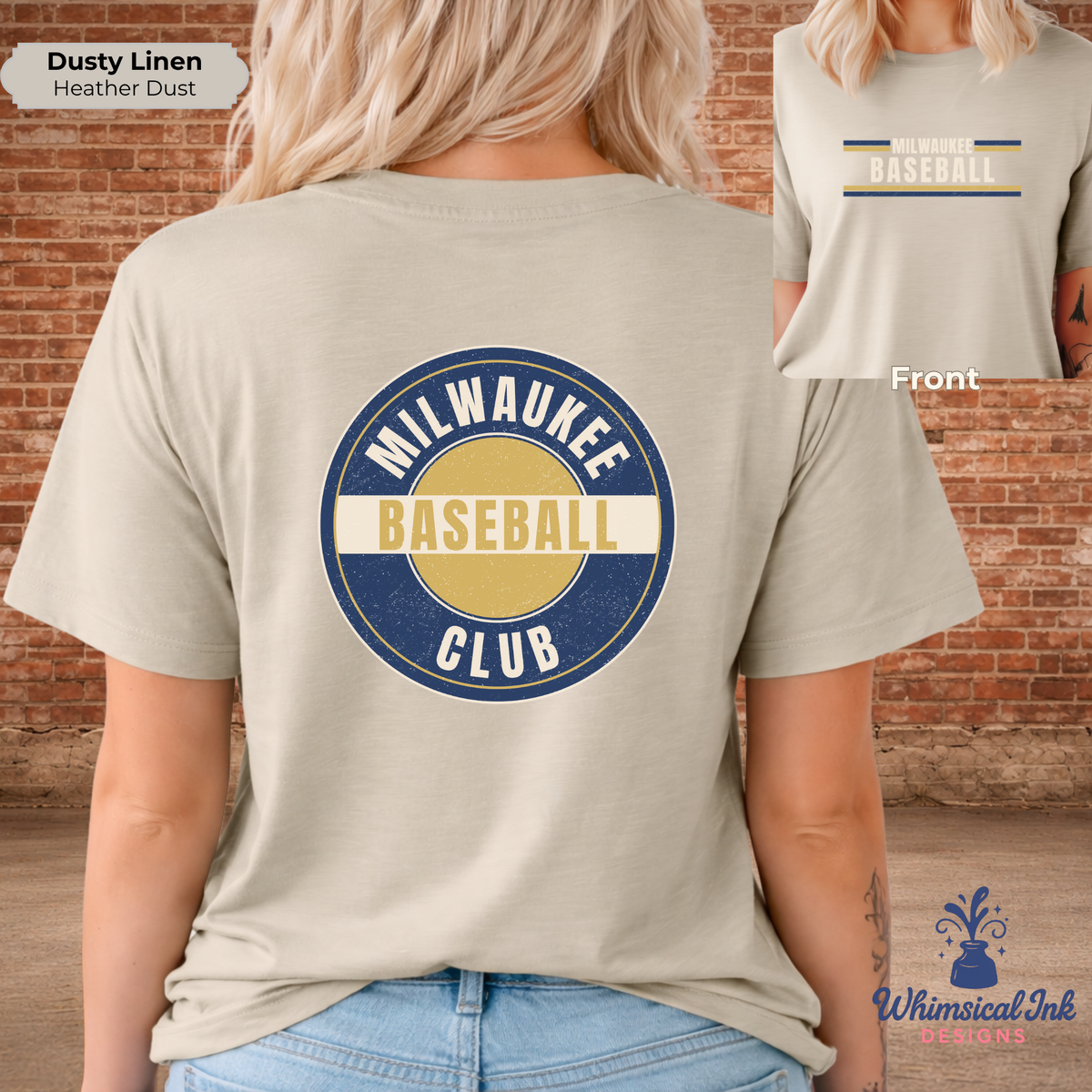 Person wearing a beige t-shirt with 'Milwaukee Baseball Club' design, standing against a brick wall.