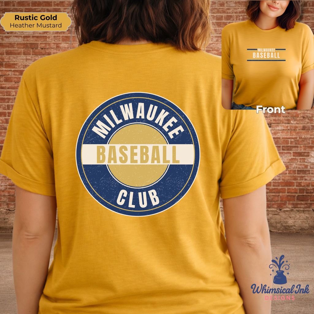 Yellow t-shirt with 'Milwaukee Baseball Club' design on a brick wall background