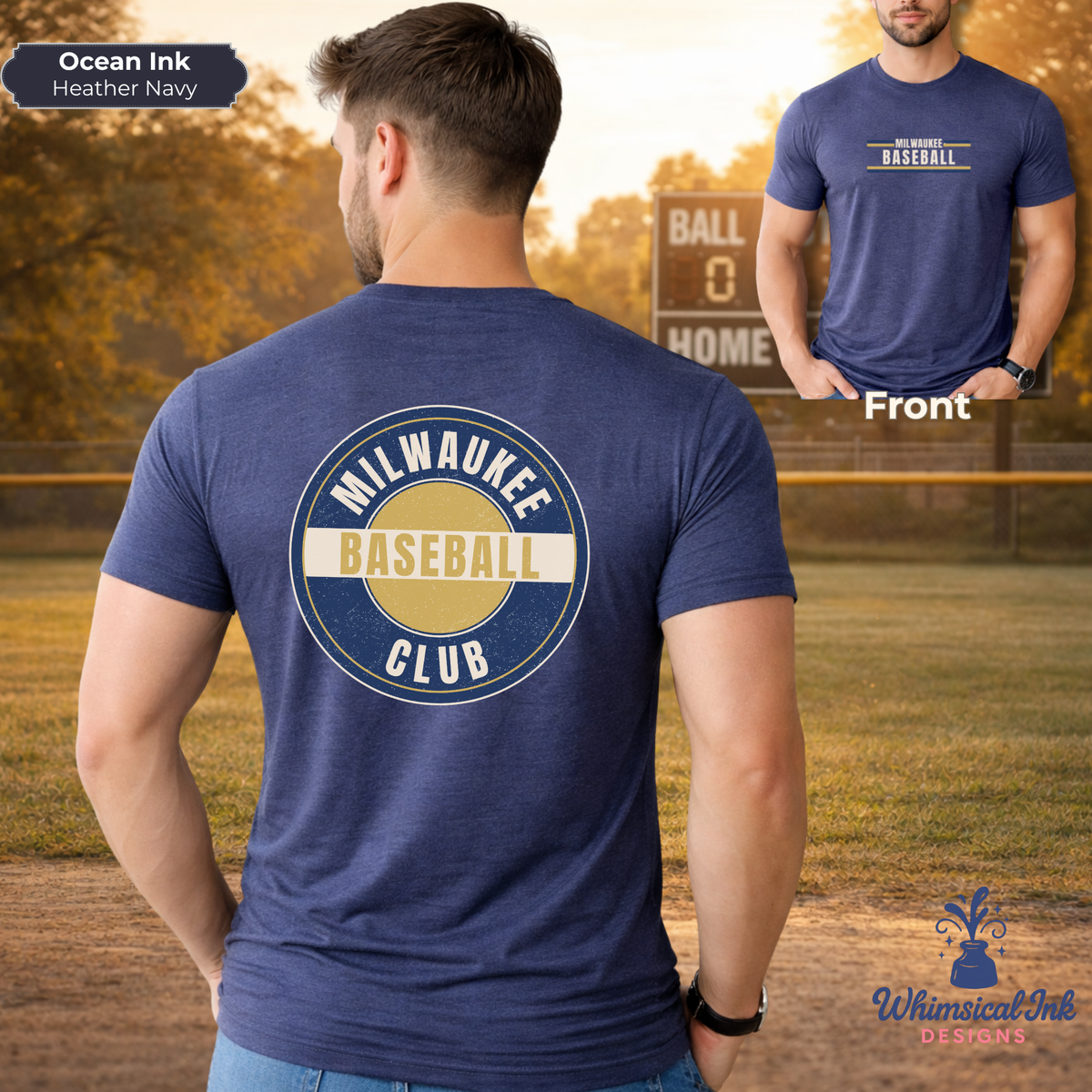 Man wearing a blue t-shirt with 'Milwaukee Baseball Club' design on a baseball field.