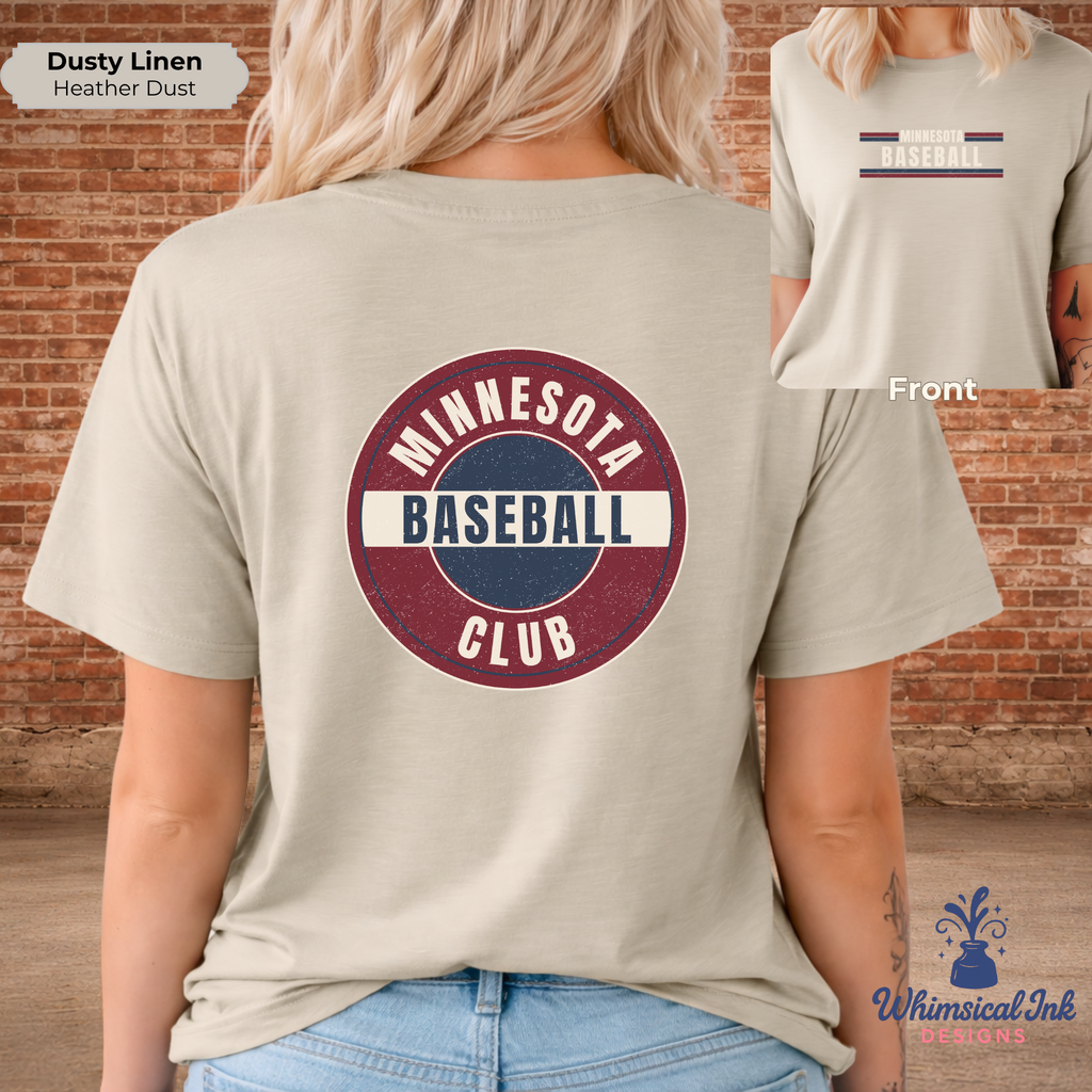 Person wearing a beige t-shirt with 'Minnesota Baseball Club' design on the back, standing in front of a brick wall.