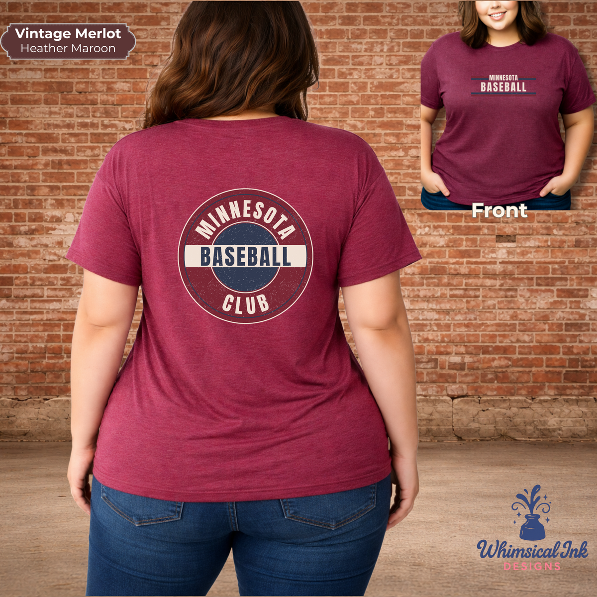 Maroon t-shirt with 'Minnesota Baseball Club' design on a brick wall background