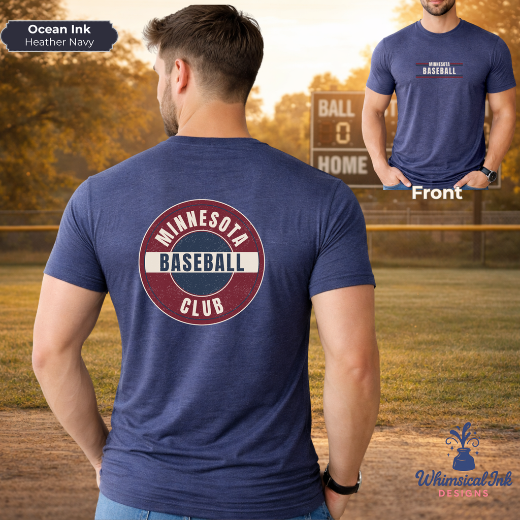 Navy blue t-shirt with 'Minnesota Baseball Club' design on a baseball field background