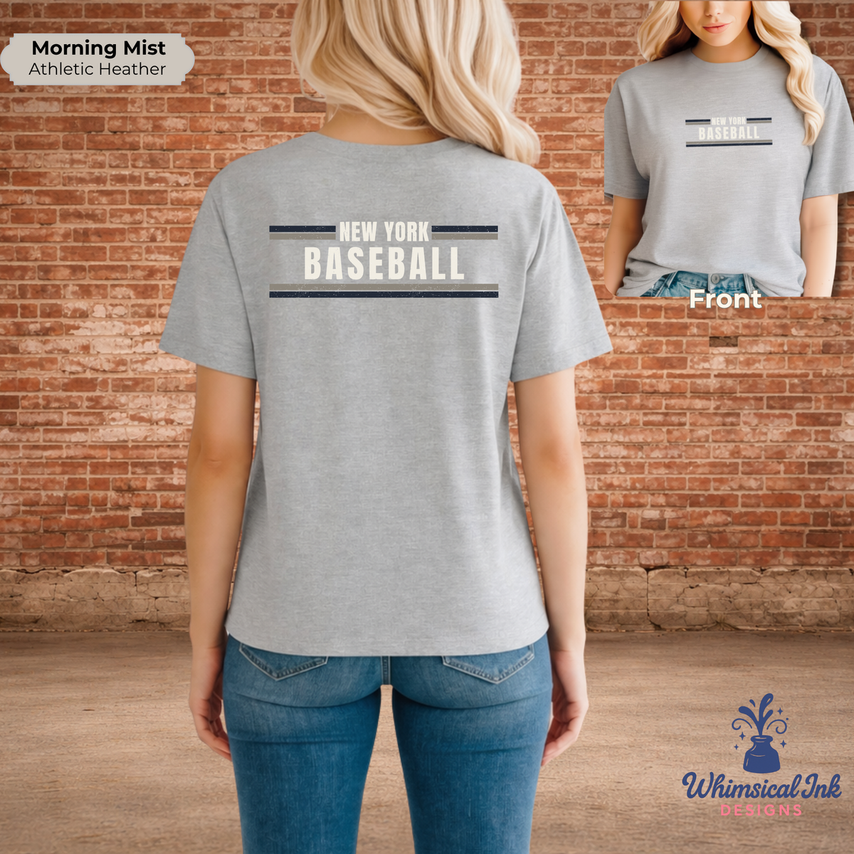 Person wearing a gray 'New York Baseball' t-shirt with a brick wall background