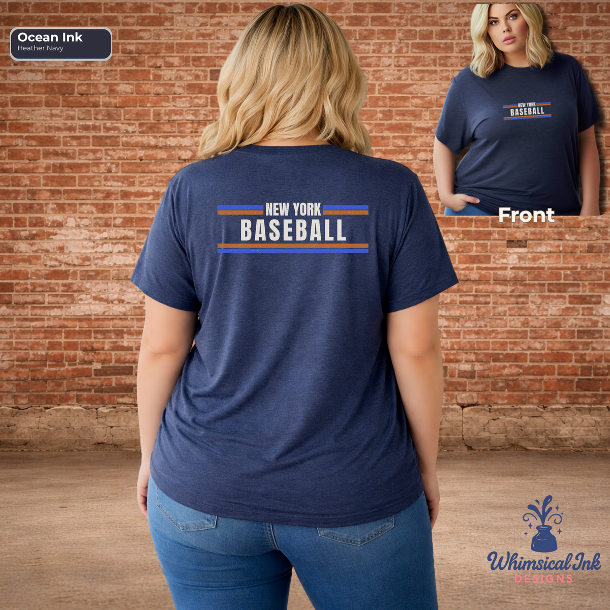 Woman wearing a navy blue t-shirt with 'New York Baseball' text, standing in front of a brick wall.