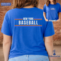 Blue t-shirt with 'New York Baseball' text on the back, worn by a person against a brick wall.