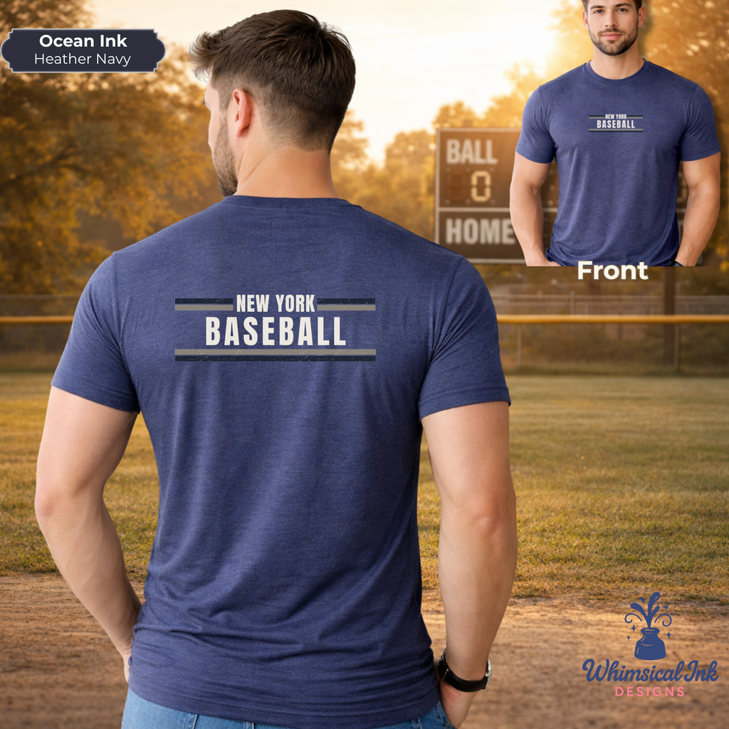 Man wearing a blue 'New York Baseball' t-shirt with front and back views shown, set against a baseball field background.