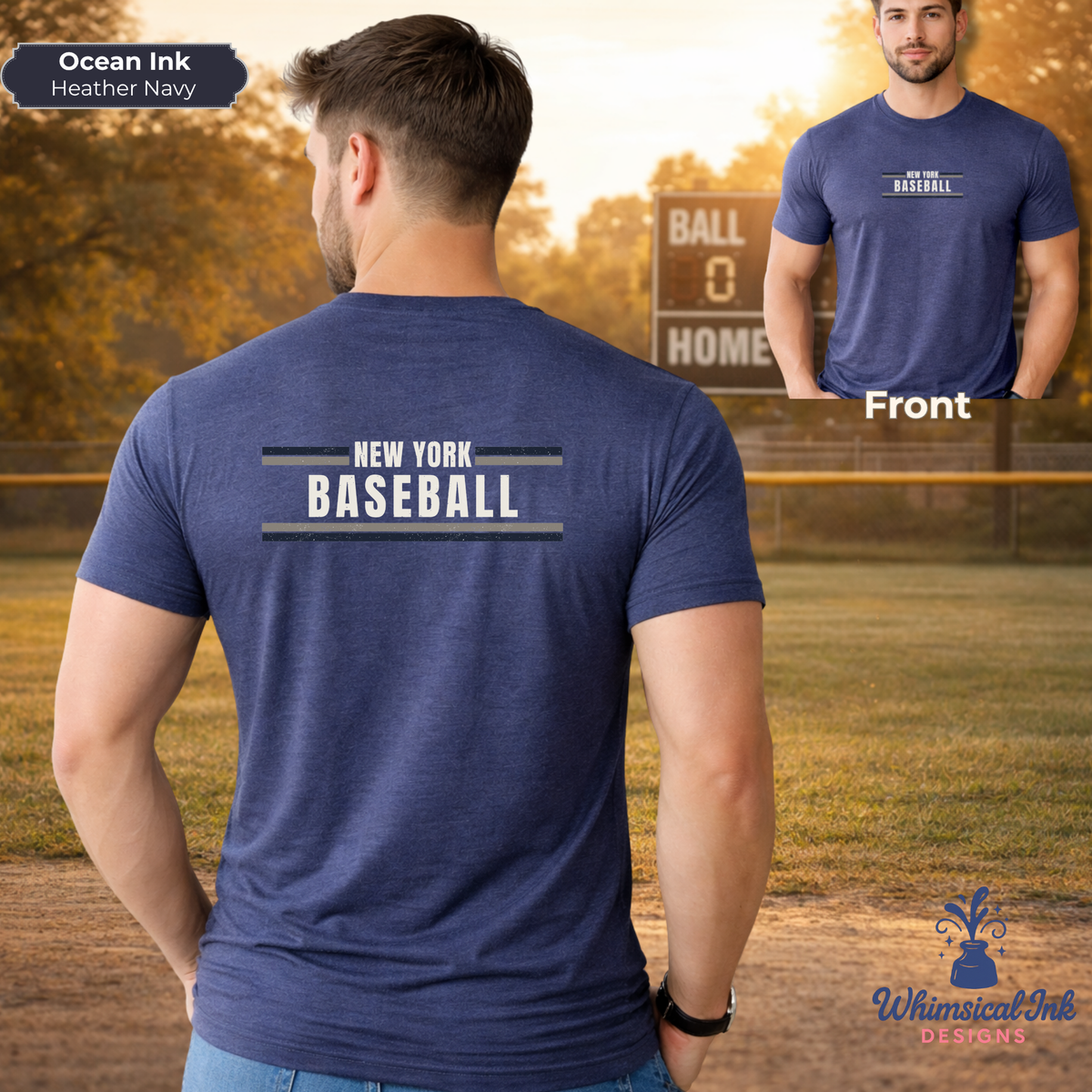 Man wearing a blue 'New York Baseball' t-shirt with front and back views shown, set against a baseball field background.