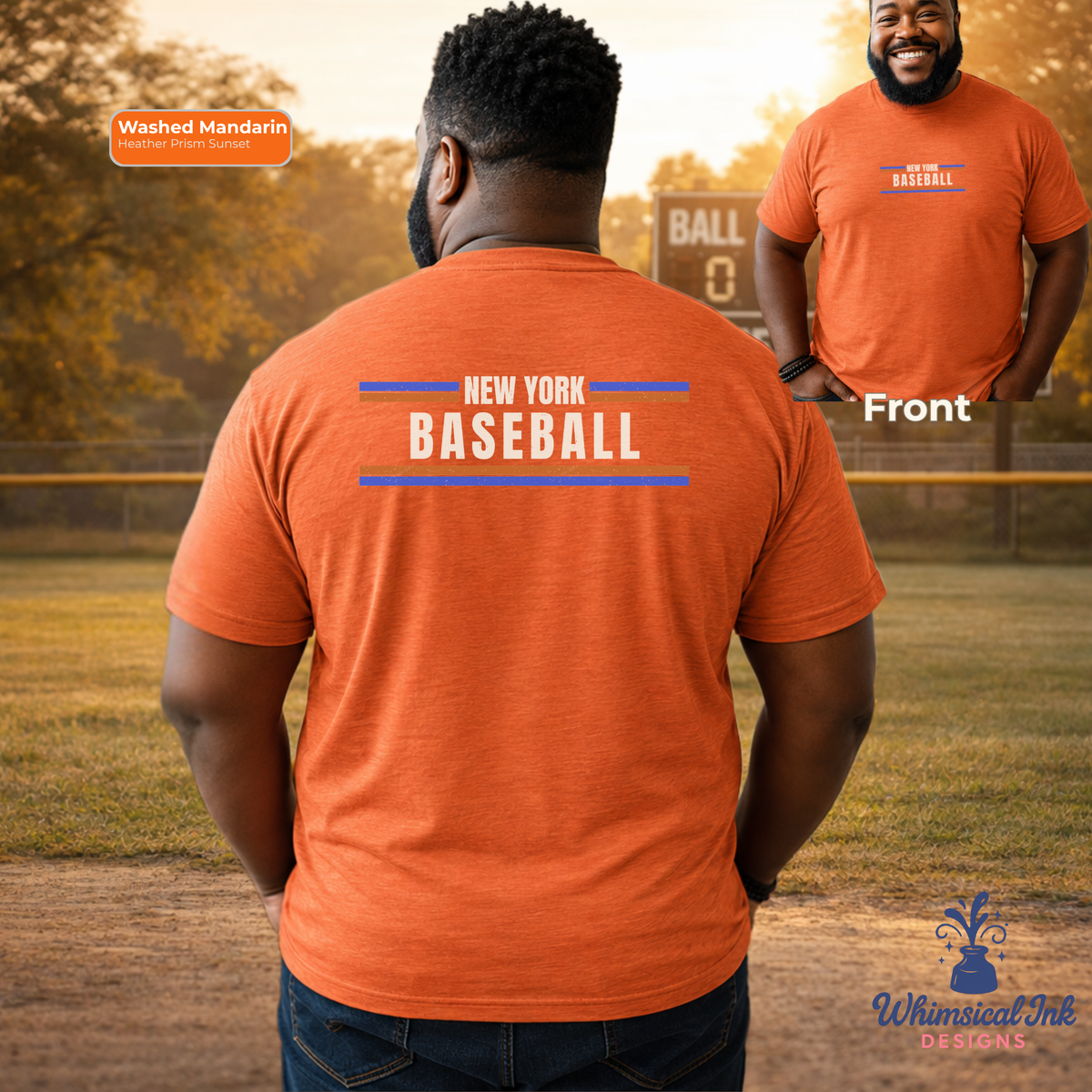 Person wearing an orange 'New York Baseball' t-shirt with a field background