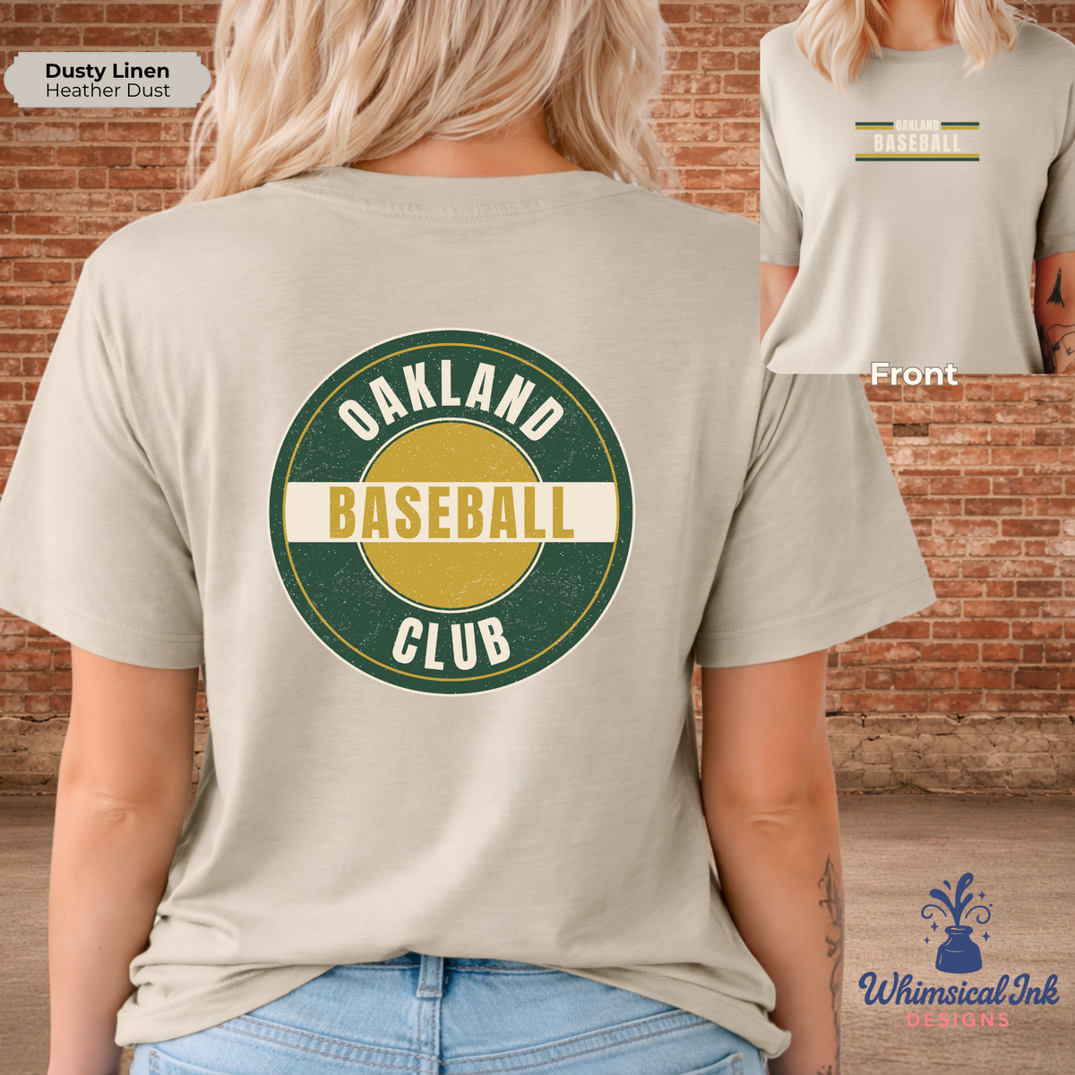 Person wearing a beige t-shirt with 'Oakland Baseball Club' design, standing against a brick wall.