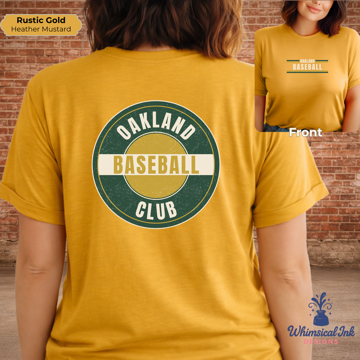 Yellow t-shirt with 'Oakland Baseball Club' design on a brick wall background