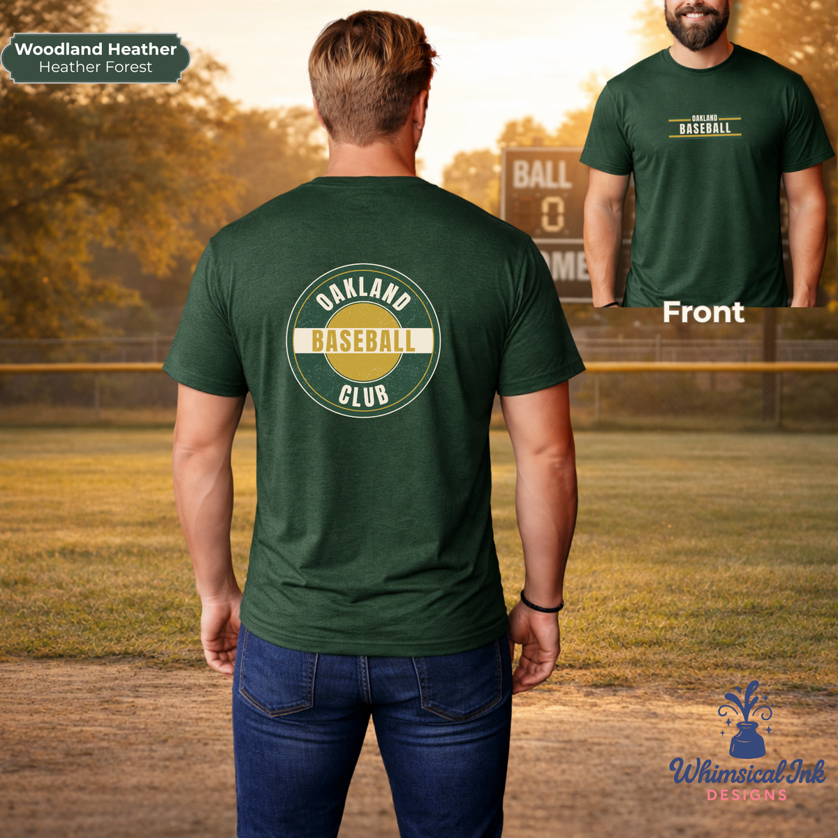 Green t-shirt with 'Oakland Baseball Club' design on a baseball field background