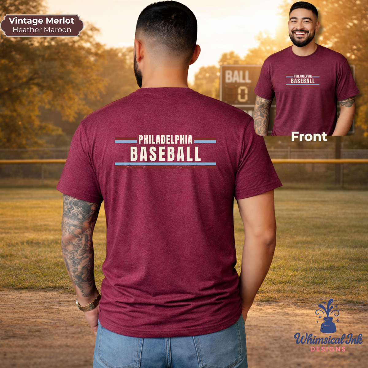 Maroon t-shirt with 'Philadelphia Baseball' text on a baseball field background