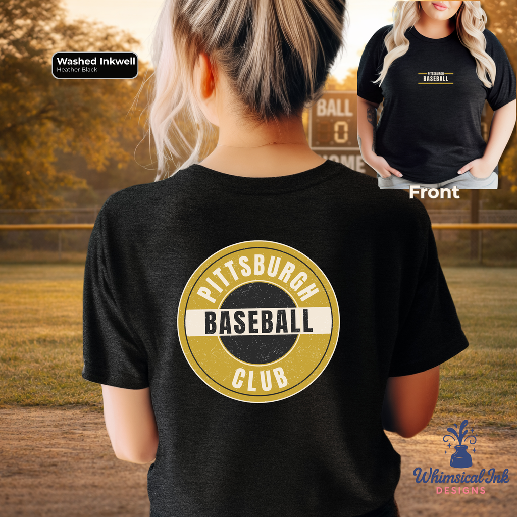 Black t-shirt with 'Pittsburgh Baseball Club' design on the back, worn by a person on a baseball field.