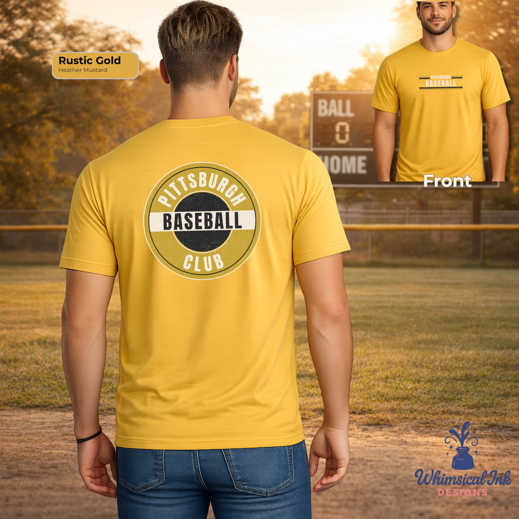 Yellow t-shirt with 'Pittsburgh Baseball Club' design on a baseball field background