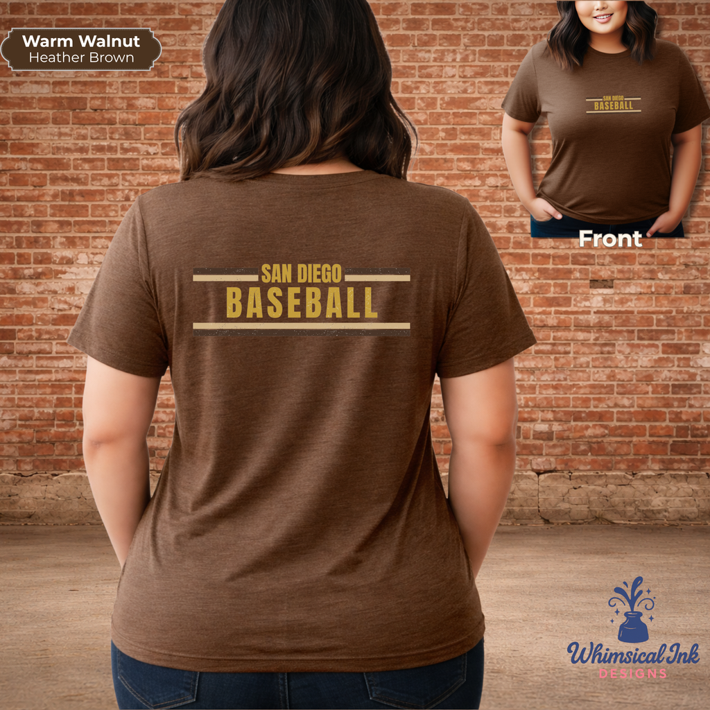 Brown t-shirt with 'San Diego Baseball' text on the back, worn by a person in front of a brick wall.