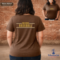 Brown t-shirt with 'San Diego Baseball' text on the back, worn by a person in front of a brick wall.