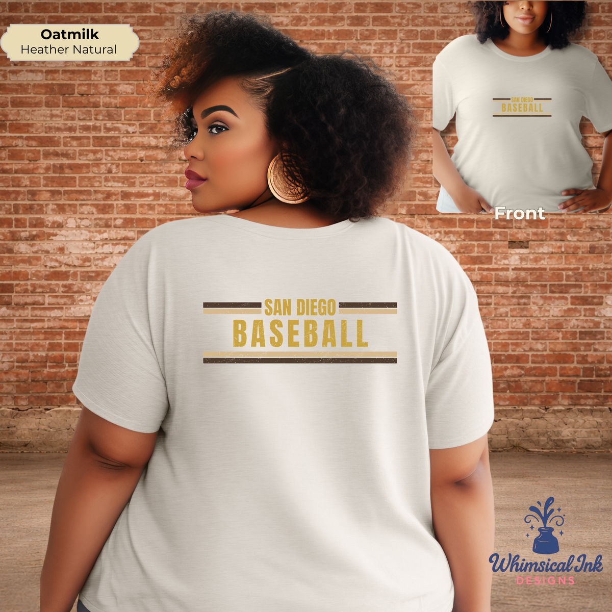 Woman wearing a off white t-shirt with 'San Diego Baseball' text, standing against a brick wall.