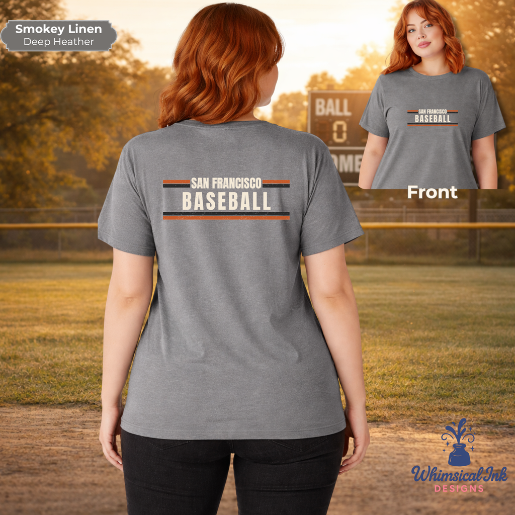 Person wearing a gray t-shirt with 'San Francisco Baseball' text, standing on a baseball field.