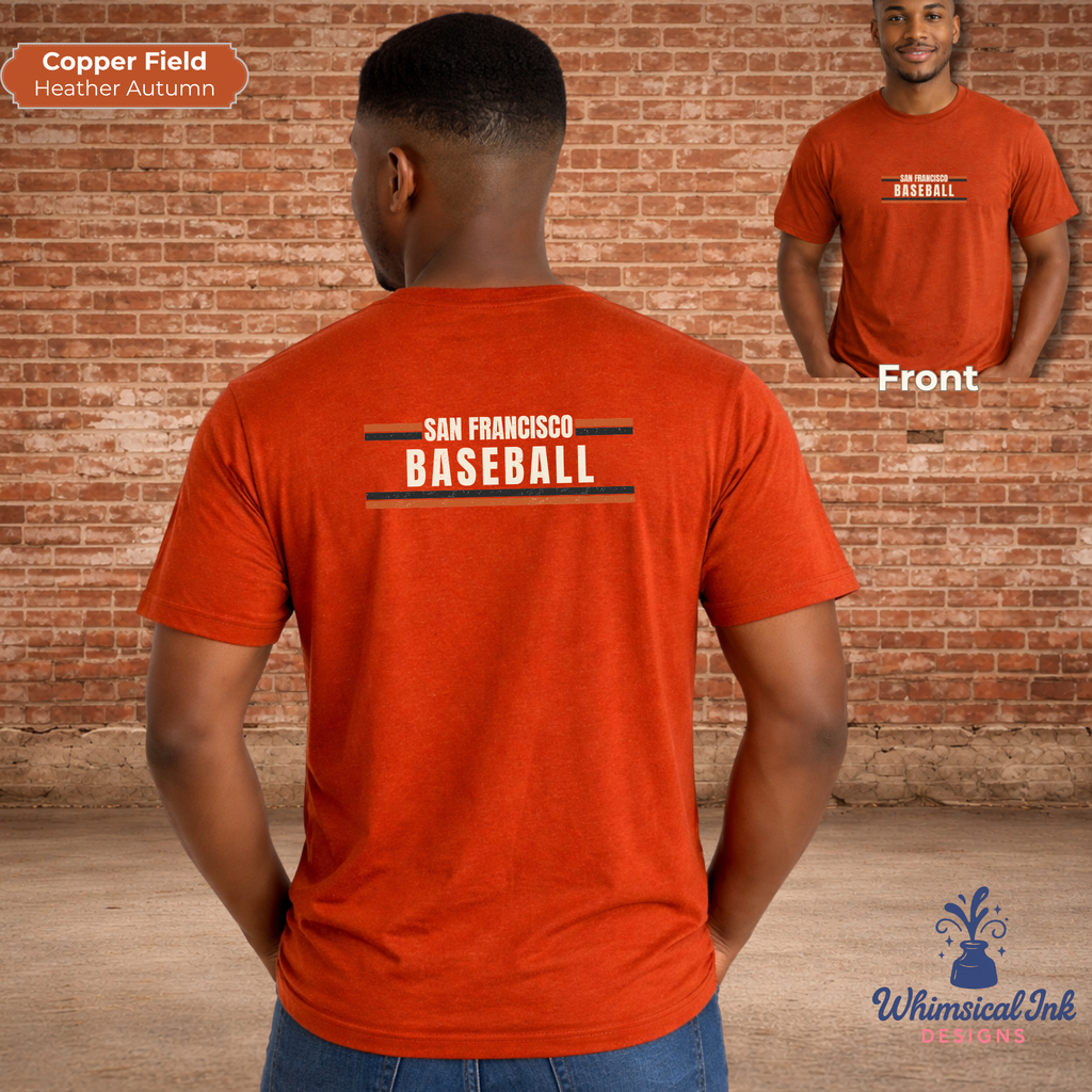 Person wearing an orange t-shirt with 'San Francisco Baseball' text, standing against a brick wall.