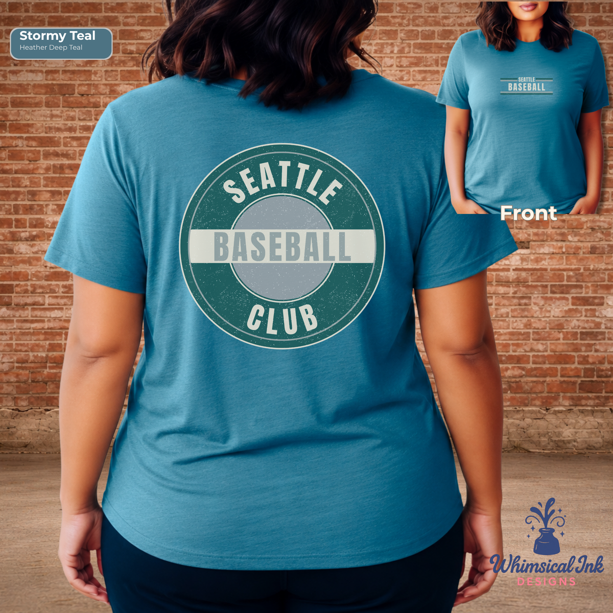 Person wearing a blue t-shirt with 'Seattle Baseball Club' design, standing against a brick wall.