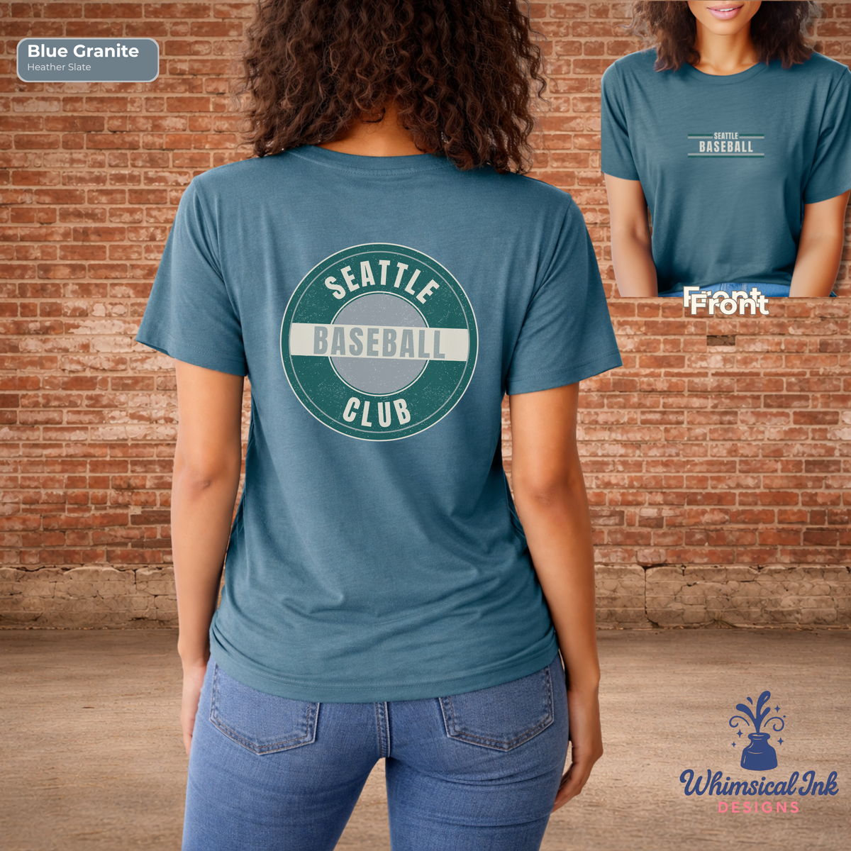 Person wearing a blue t-shirt with 'Seattle Baseball Club' design, standing in front of a brick wall.