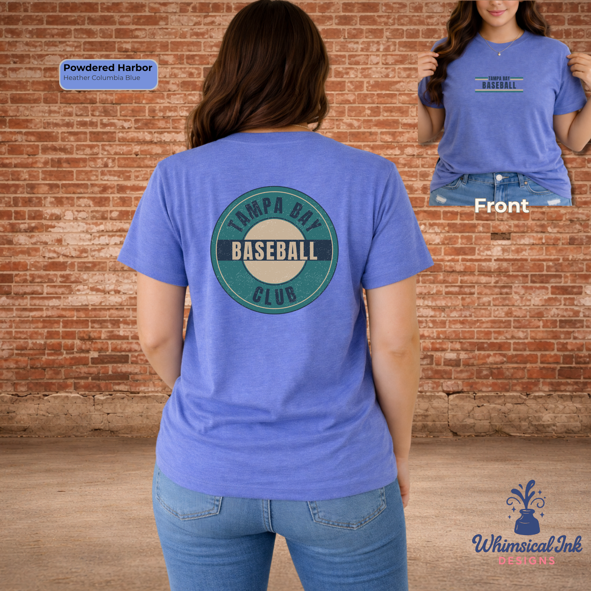 Person wearing a blue t-shirt with 'Tampa Bay Baseball Club' design, showing front and back views against a brick wall.