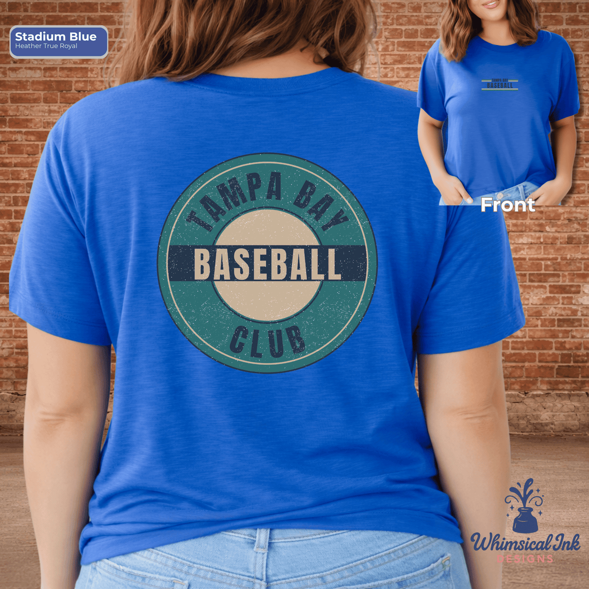 Blue t-shirt with 'Tampa Bay Baseball Club' design on the back, worn by a person against a brick wall.
