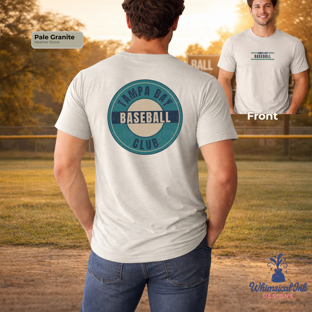 Person wearing a t-shirt with 'Tampa Bay Baseball Club' design on a field background