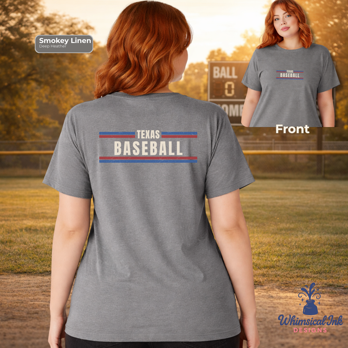 Gray t-shirt with 'Texas Baseball' text on a baseball field background