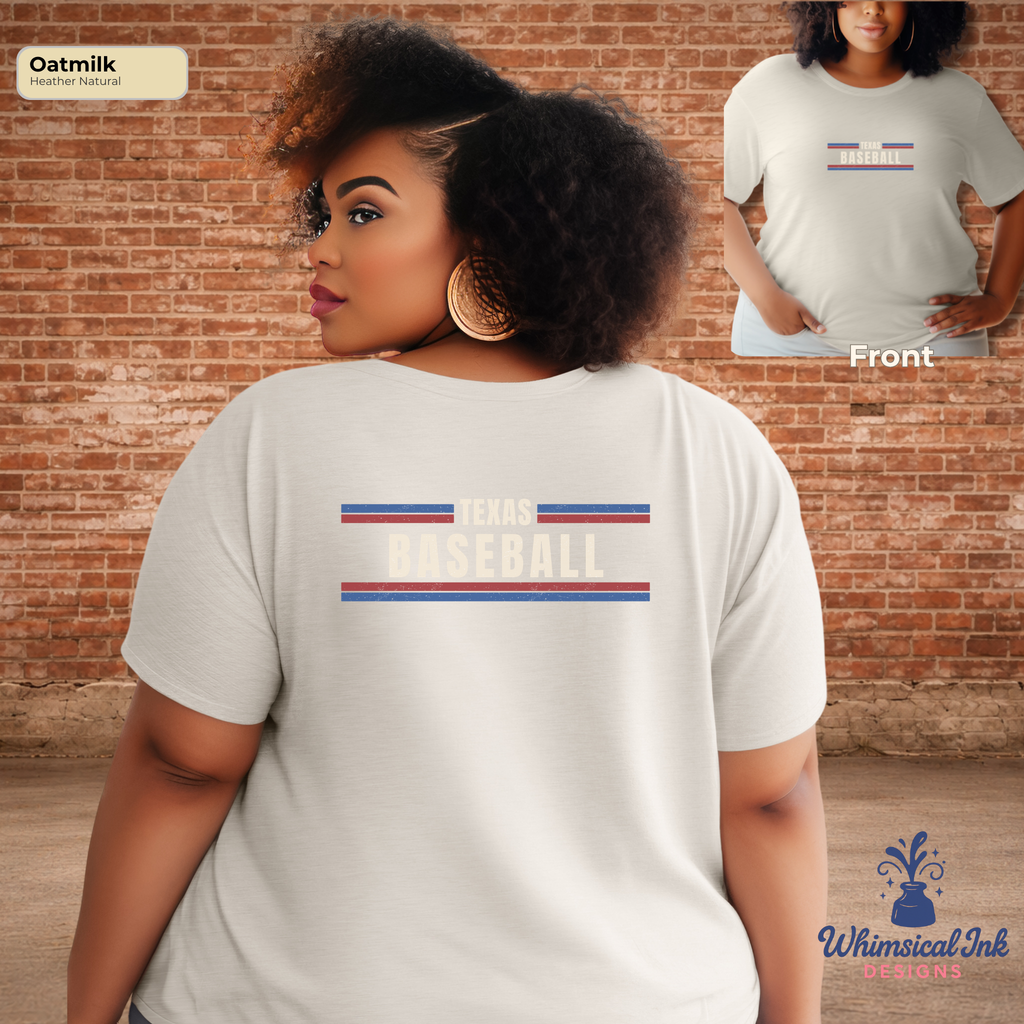 Woman wearing a t-shirt with 'Texas Baseball' design, brick wall background