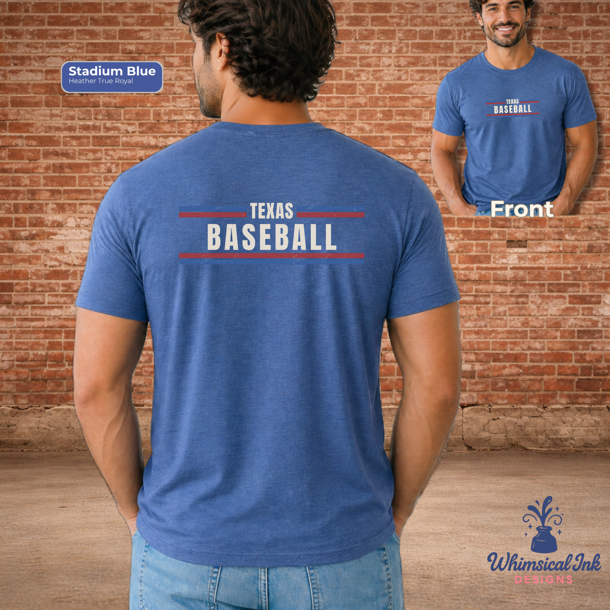 Blue t-shirt with 'Texas Baseball' text on a brick wall background