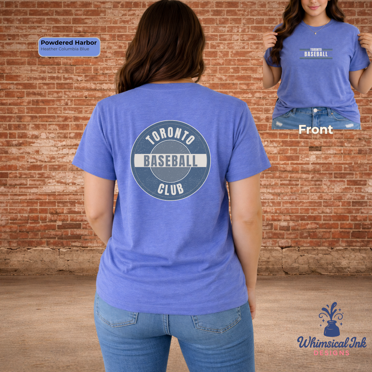 Blue t-shirt with 'Toronto Baseball Club' design on a brick wall background