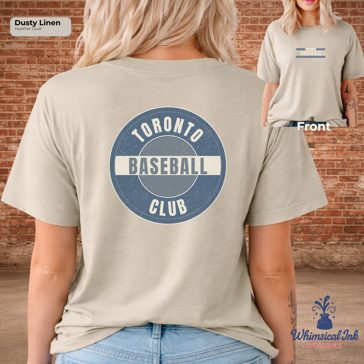 Person wearing a beige t-shirt with 'Toronto Baseball Club' design, standing against a brick wall.