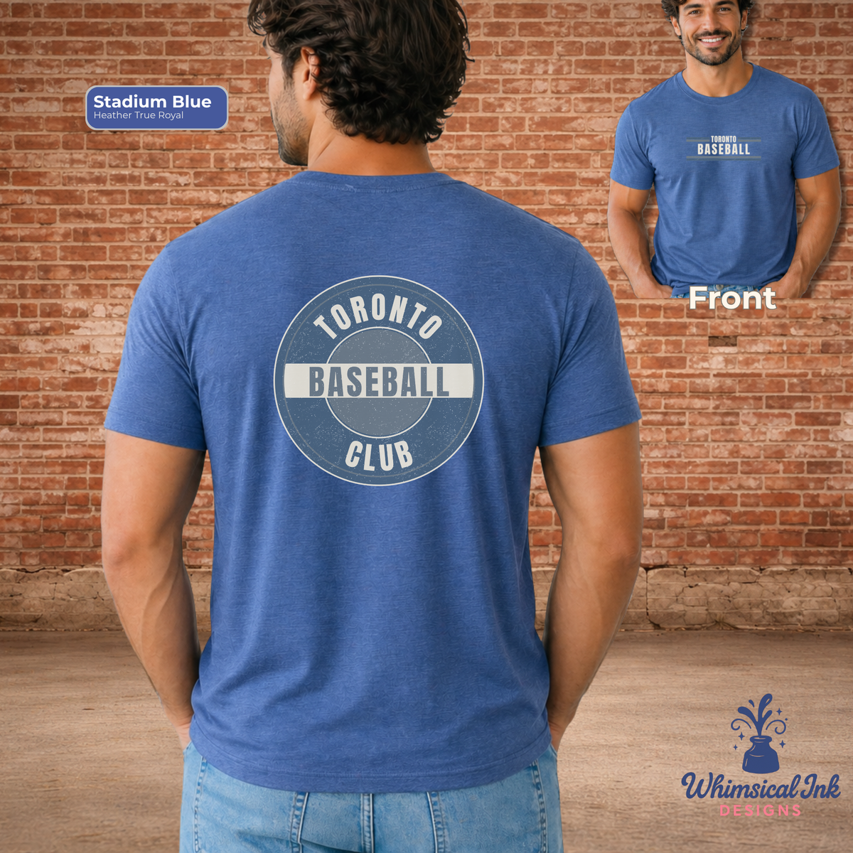 Blue t-shirt with 'Toronto Baseball Club' design on a brick wall background