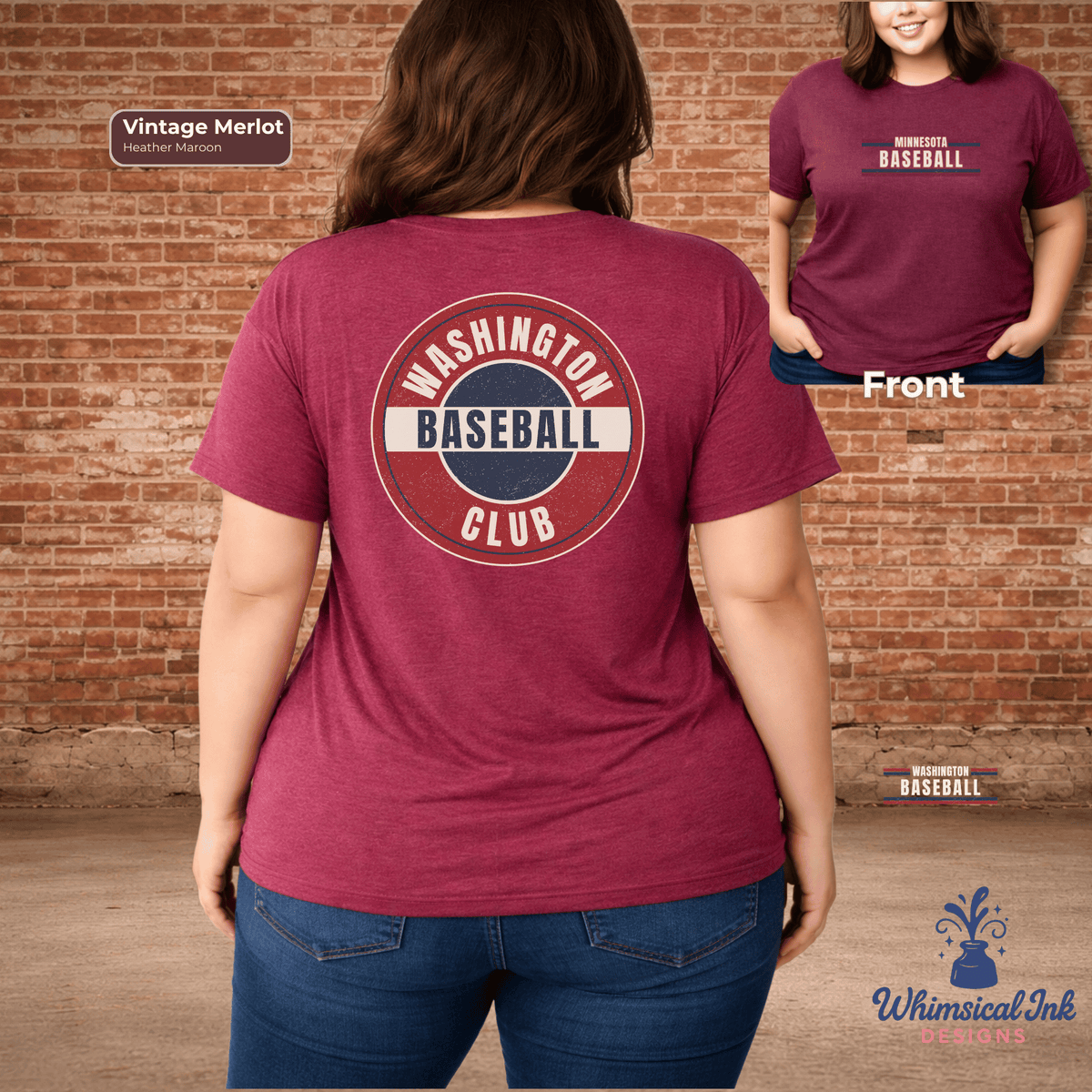 Maroon t-shirt with 'Washington Baseball Club' design on a brick wall background