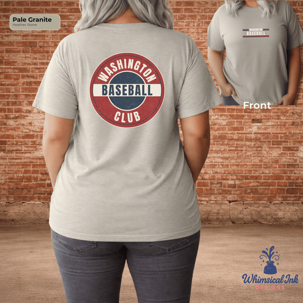 Person wearing a gray t-shirt with 'Washington Baseball Club' design on the back, standing in front of a brick wall.