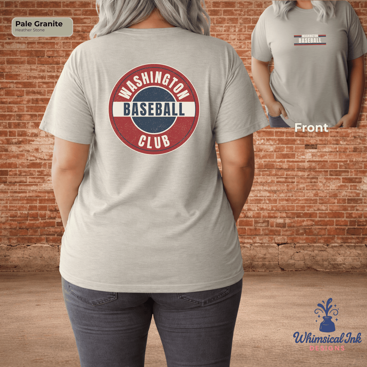 Person wearing a gray t-shirt with 'Washington Baseball Club' design on the back, standing in front of a brick wall.
