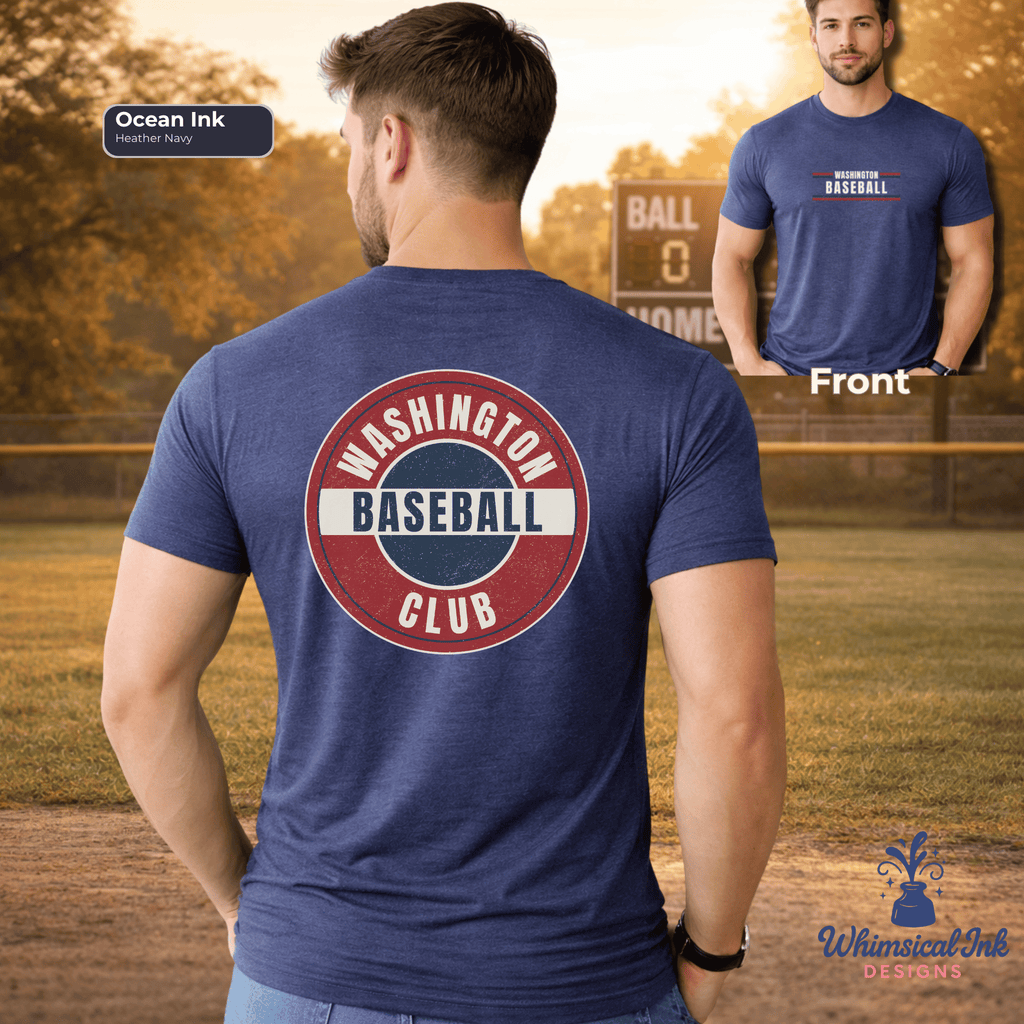 Man wearing a blue t-shirt with 'Washington Baseball Club' design on a baseball field background