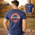 Man wearing a blue t-shirt with 'Washington Baseball Club' design on a baseball field background
