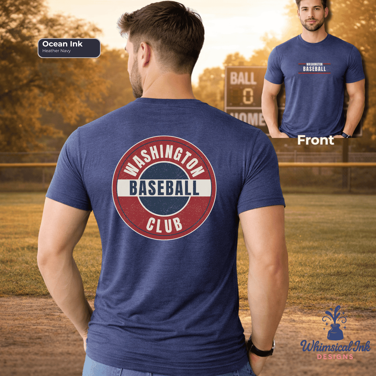 Man wearing a blue t-shirt with 'Washington Baseball Club' design on a baseball field background