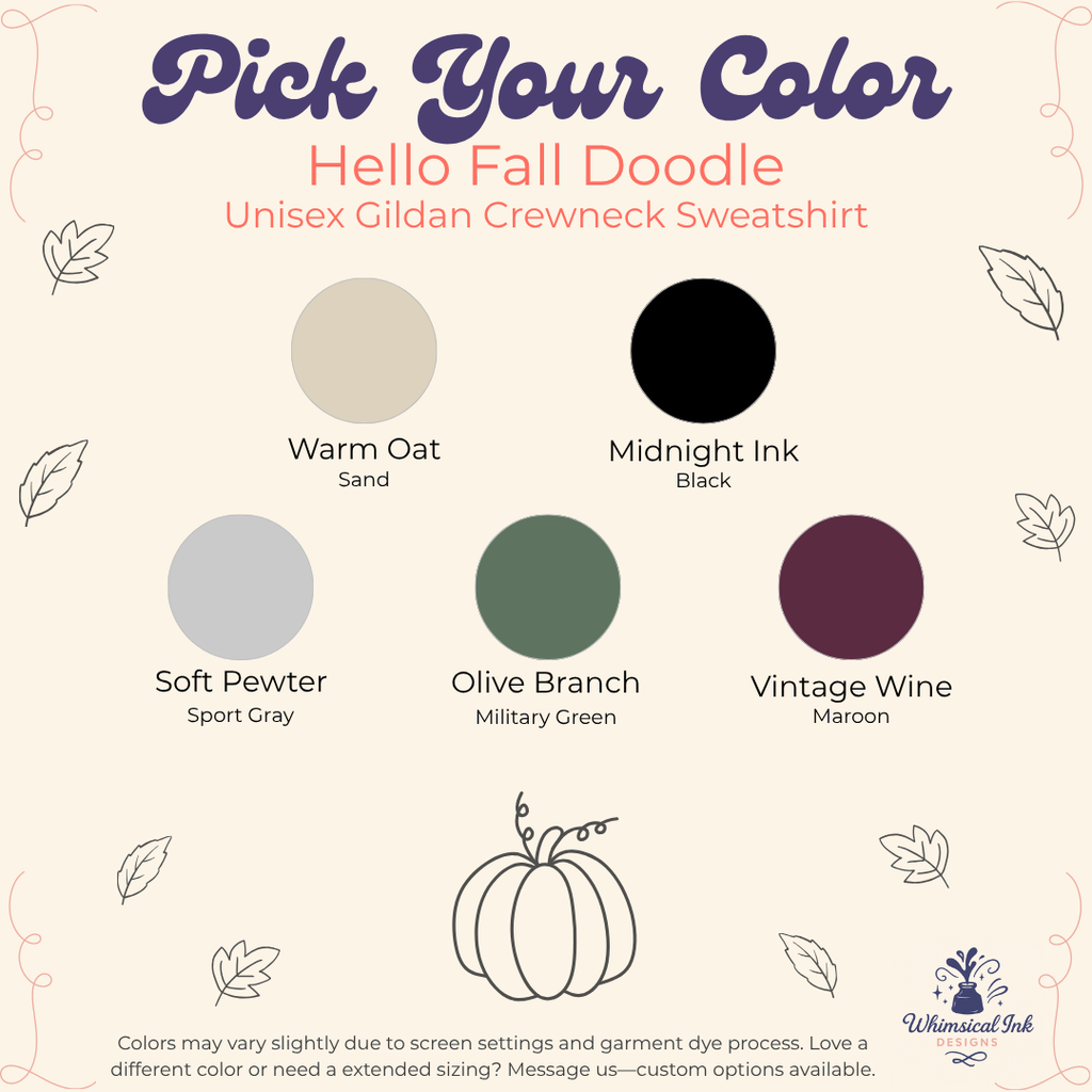 A color selection graphic for the Hello Fall Doodle Unisex Gildan Crewneck Sweatshirt, showing five circular color swatches labeled Warm Oat, Midnight Ink, Soft Pewter, Olive Branch, and Vintage Wine with text on a cream background.
