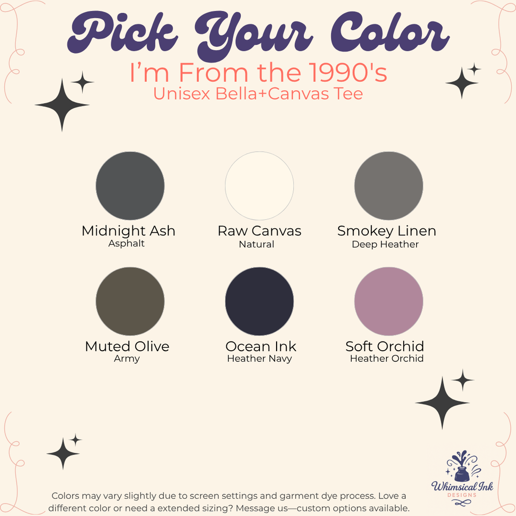 Color swatches for a Bella+Canvas tee from the 1990s with text and brand logo.