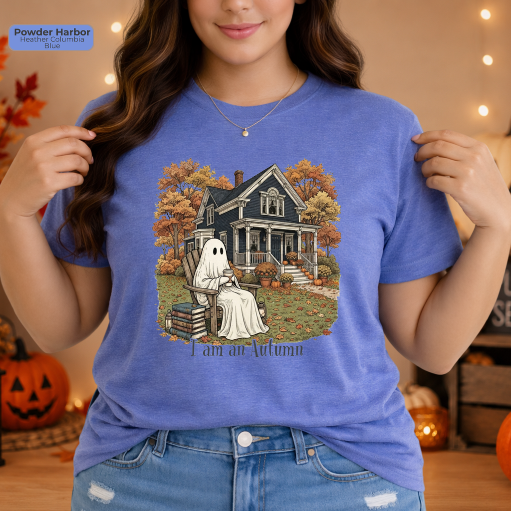 I Am An Autumn Ghost Shirt | Cozy Fall Halloween Graphic Tee | Cute Ghost & Coffee Shirt