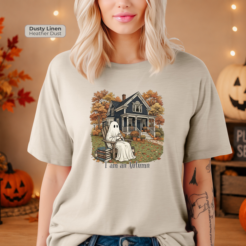 I Am An Autumn Ghost Shirt | Cozy Fall Halloween Graphic Tee | Cute Ghost & Coffee Shirt