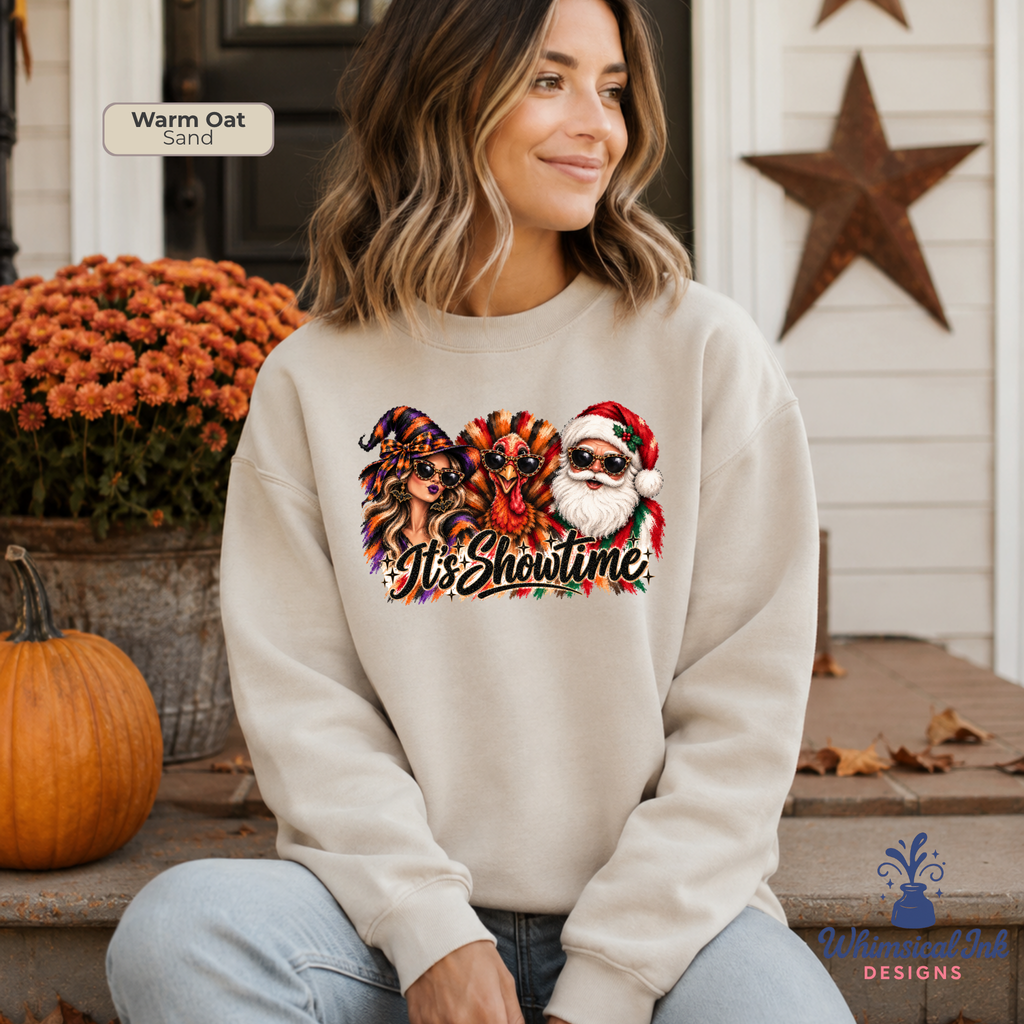 It’s Showtime Halloween Thanksgiving Christmas Sweatshirt | Funny Holiday Graphic Crewneck Sweatshirt