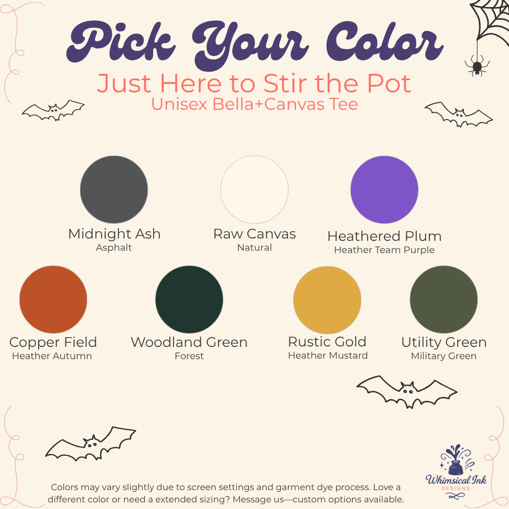 A color selection graphic for a Unisex Bella + Canvas tee from Whimsical Ink, titled 'Pick Your Color'. It displays eight color swatches with names like Midnight Ash, Raw Canvas, and Heathered Plum on a cream-colored background decorated with spider and bat illustrations.