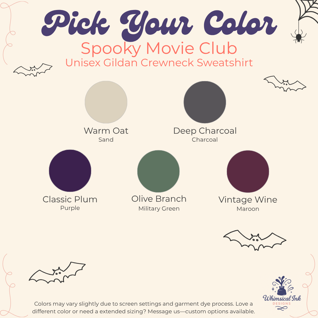 A color selection graphic for a Spooky Movie Club unisex gildan crewneck sweatshirt. The graphic features six circular color swatches labeled Warm Oat (Sand), Deep Charcoal (Charcoal), Classic Plum (Purple), Olive Branch (Military Green), and Vintage Wine (Maroon), with corresponding text labels.