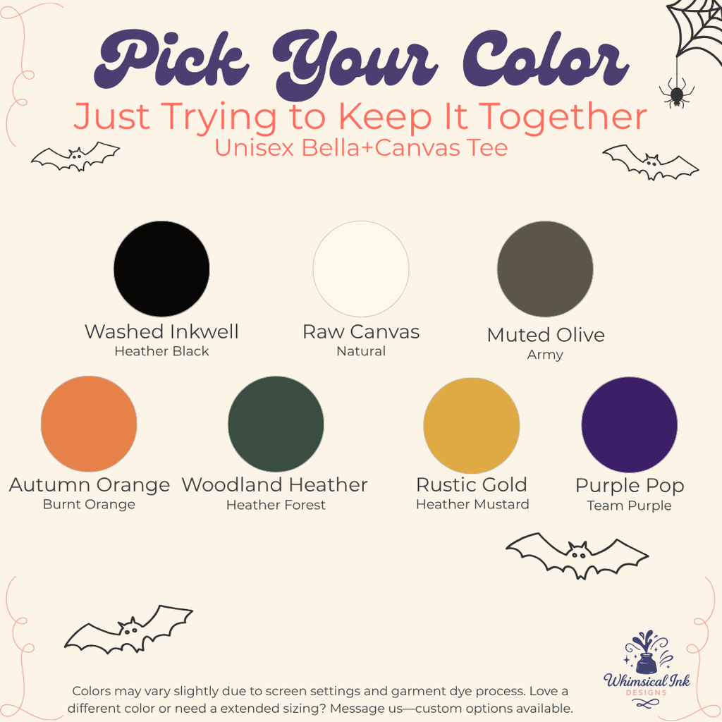 A color selection graphic for a unisex Bella+Canvas tee from Whimsical Ink, titled 'Pick Your Color'. It displays eight circular color swatches with names like 'Washed Inkwell' (black), 'Raw Canvas' (white), 'Muted Olive' (gray), 'Autumn Orange' (orange), 'Woodland Heather' (green), 'Rustic Gold' (yellow), and 'Purple Pop' (purple) on a cream background with Halloween-themed illustrations.