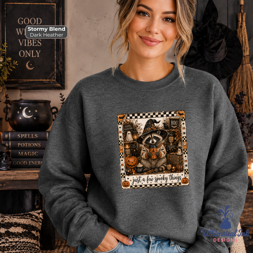 A woman wearing a dark heather gray sweatshirt with a Halloween-themed graphic print featuring a raccoon, pumpkins, and the text 'just a few spooky things'. The background is a cozy, darkly decorated room with witch hats, a cauldron, and books.