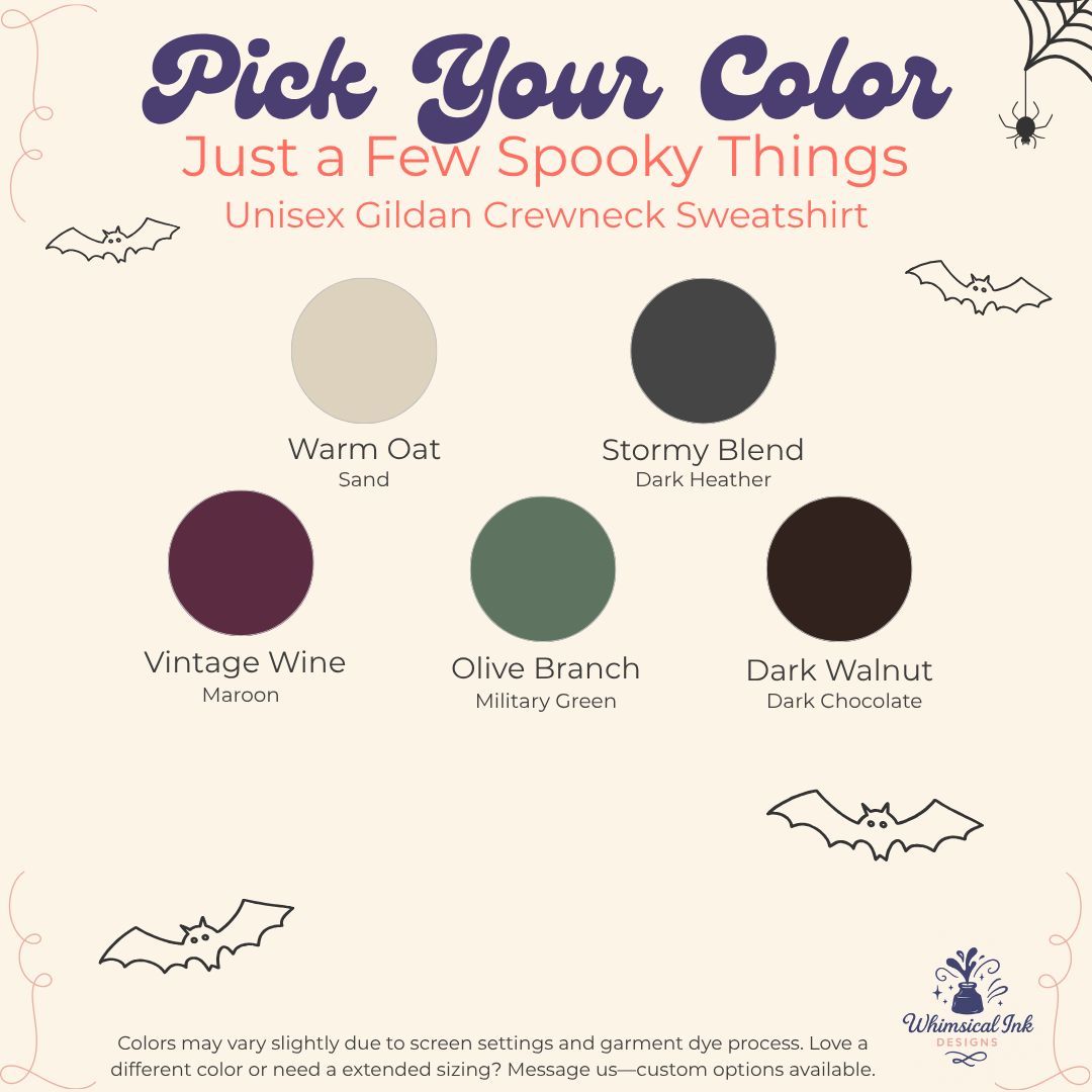A color selection graphic for a unisex gildan crewneck sweatshirt. The graphic features six circular color swatches with names and colors: Warm Oat (Sand), Stormy Blend (Dark Heather), Vintage Wine (Maroon), Olive Branch (Military Green), and Dark Walnut (Dark Chocolate).